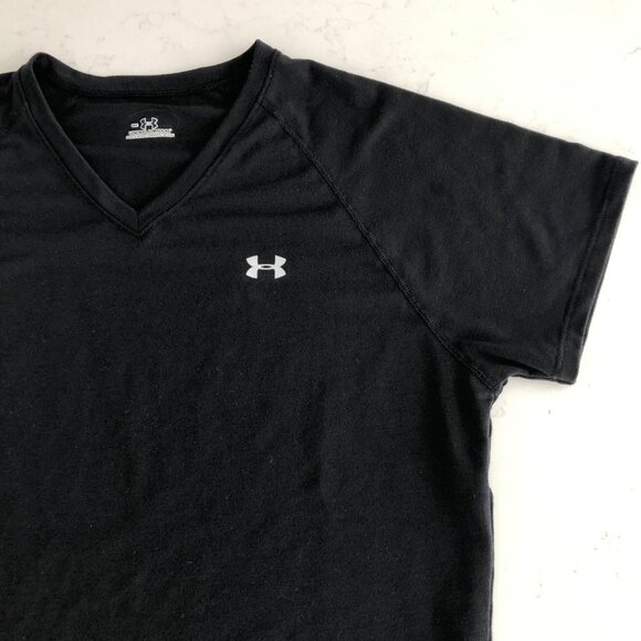 Under Armour V Neck Short Sleeve Polyester Blend Running T Shirt Top Black Sz S - Picture 5 of 10